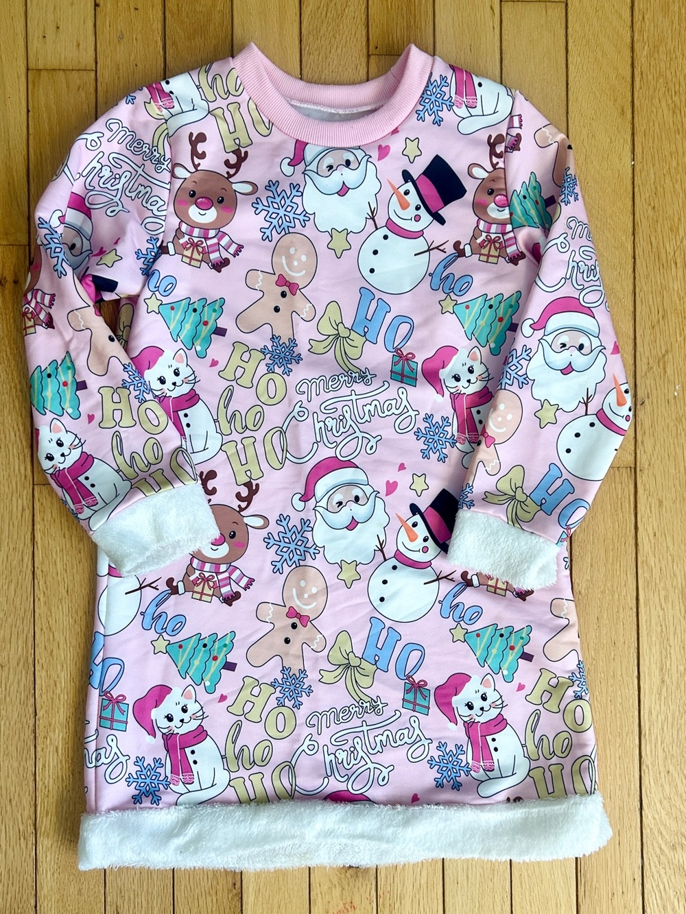 Girls Printed Crew Neck Christmas Sweater Dress with Faux Fur Trim • Size 7-8